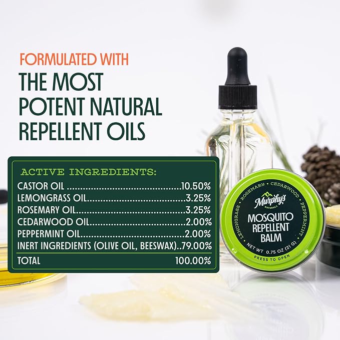 Murphy's Naturals Mosquito Repellent Balm, Plant-Based, 2 oz (Pack of 1) | Formulated with cedarwood, lemongrass & rosemary oils; DEET-free*, repels mosquitoes up to 2 hrs & ticks 1 hr; travel-size