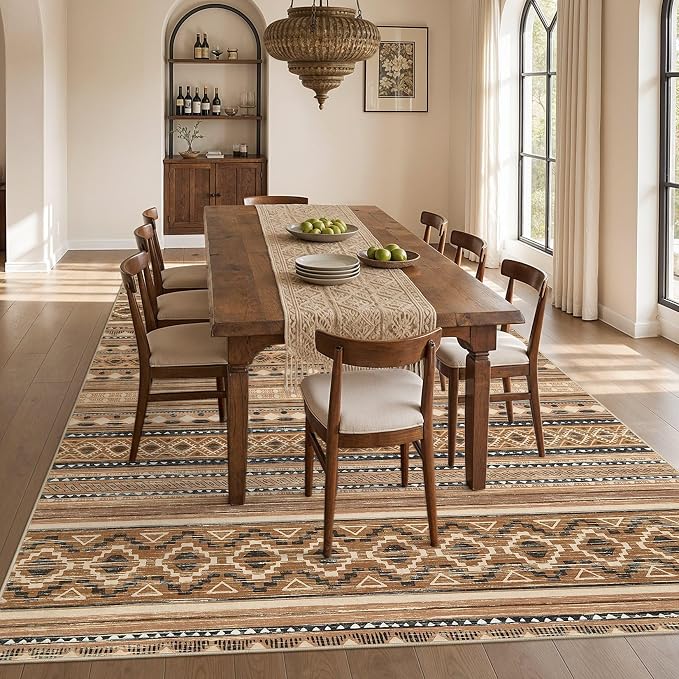 cotiled Boho 7x9 Area Rug for Living Room: Large Moroccan Washable Rug | Solve Modern Neutral Trendy Home Decor - Stain Resistan Indoor Carpet for Bedroom Dining Room Brown Beige
