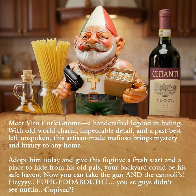 Vito CorleGnome' - 11’’ Funny Gnome Decorations/Ornaments/Figurines for Home/Yard/Patio/Garden/Indoor Statues - Italian Decor - Grandmother Mom Non Solar