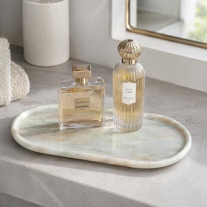 Genuine 100% Natural Marble Tray, Luxury Sage Green&White Stone Vanity Tray | 11.8" x 5.9" Decorative Oval Trays for Countertop Storage, Bathroom, Dresser, Kitchen, Home Decor, Jewelry Makeup Organizer