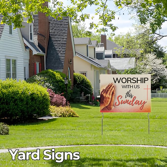 Worship With Us This Sunday! Yard Sign by DC | 24"x18" Double Sided Church Garden Sign with 13” Metal Stakes | Outdoor Signs Waterproof for Lawn, Patio, Sidewalk & House | Set of 3 | Made in USA