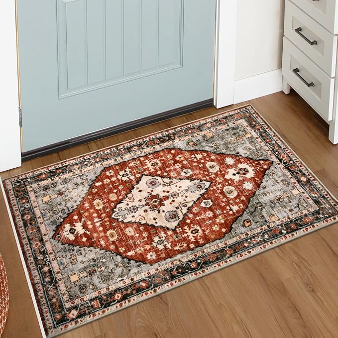 Lahome Felice Boho Tribal Area Rug - 2x3 Small Red Oriental Entryway Rugs for Bedroom, Soft Washable Non Slip Bathroom Mat Indoor Throw Carpet for Laundry Room Foyer Bedside Living Room