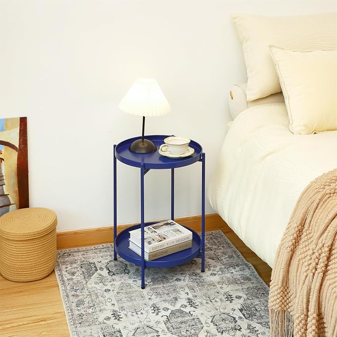 2-Tier Round End Side Table, Small Metal Side Table with Removable Tray, Folding Accent Tables for Living Room, Balcony, Nightstand for Bedroom, Outdoor Tables for Patio, Navy Blue