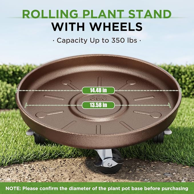 Plant Saucer 14" Rolling Plant Caddy Rolling Plant Stand with Wheels – Heavy Duty Metal, Locking, Sturdy, Rust-Resistant Finish, and Easy to Move, 390 lb Capacity, 2 Pack