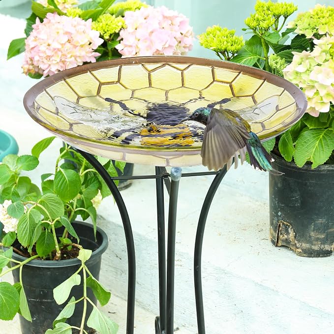 MUMTOP Bird Baths for Outdoors - Bee Large Glass BirdBath Bowl with Metal Stand, Outdoor Garden BirdBaths for Outside Lawn Yard Decor
