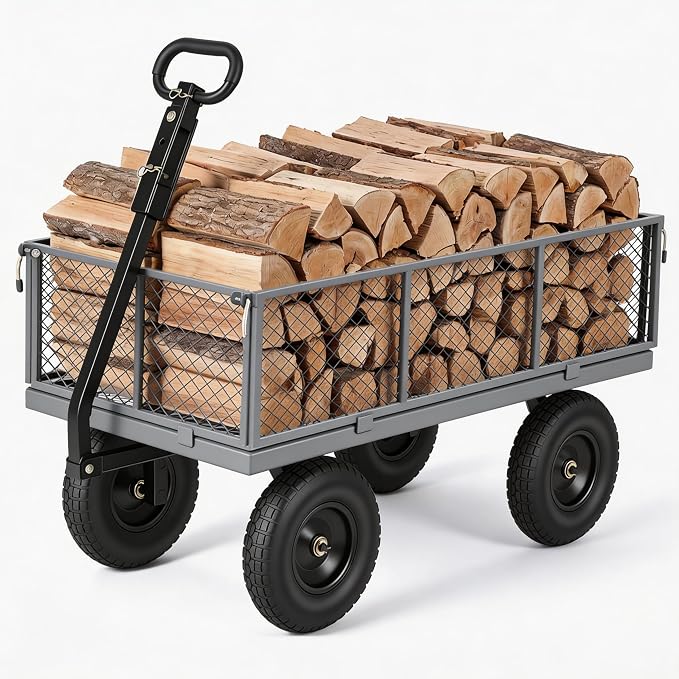 GarveeTech 1000LBS Heavy Duty Steel Garden Cart, Garden Wagon Cart on Wheels, Metal Yard Utility Wagon with Removable Mesh Sides, 13" All Terrain Tires, 180° Rotating Handle for Lawn, Garden, Farm