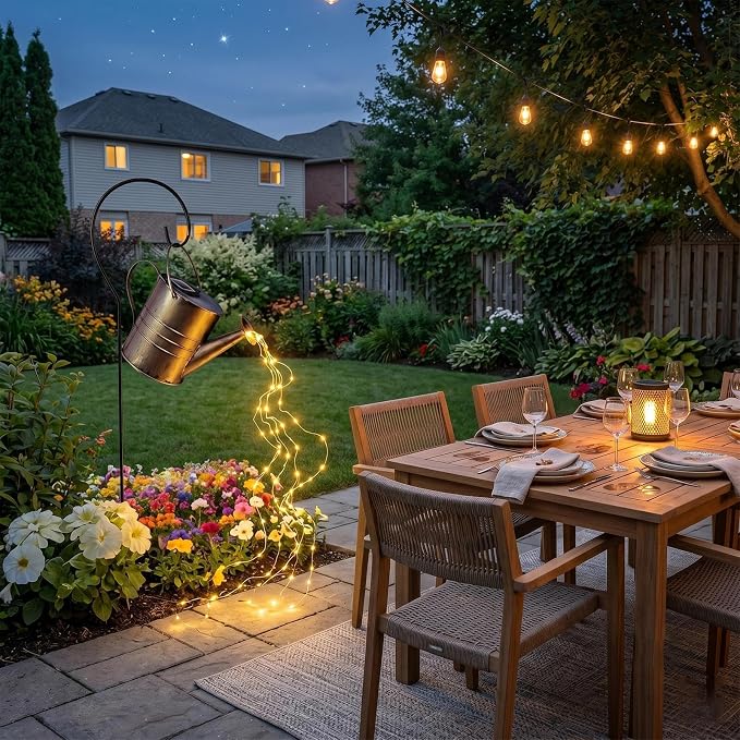 Solar Watering Can Lights Outdoor, Hanging Metal Garden Decor with Cascading Warm White Fairy Lights, Waterproof Yard Patio Lawn Ornament, Gifts for Gardeners