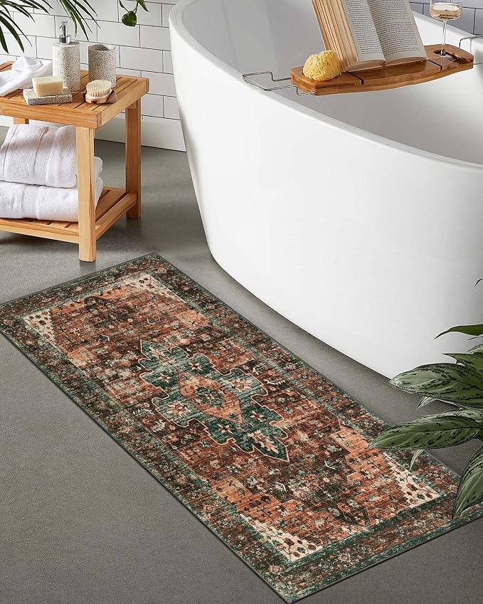 Moynesa Ultra-Thin Washable Runner Rug - 2x4 Laundry Room Rug Runners for Kitchen Non-Slip, Vintage Stain Resistance Non Shedding Bedroom Carpet Runner for Bathroom Hallway, Brick Red