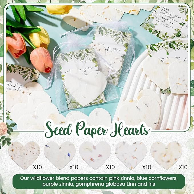 Dunzoom 50 Sets Wedding Gifts for Guests Heart Shaped Seed Paper Handmade Flower Petals Tags Plantable Wildflower Seed Paper Recycled Thank You Cards and Organza Bags for Bridal Shower Party Favors
