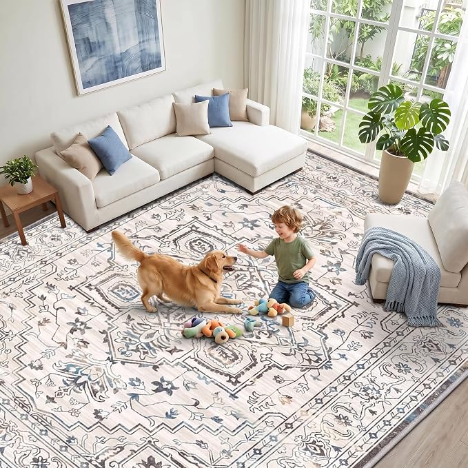 Vintage Washable Area Rug 9x12, Non-Slip Low-Pile Elegant Persian Carpet for Living Room Bedroom Dining Room, Stain Resistant Traditional Indoor Large Rug, Neutral Cream Blue