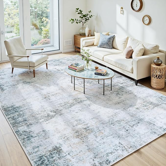 9x12 Washable Area Rug for Living Room Bedroom: Non-Slip Modern Blue Grey | Machine Washable TPR Backing, Stain-Resistant Low Pile, Pet & Kid Friendly, Abstract Decor for Dining Room, Dorm, Home Office
