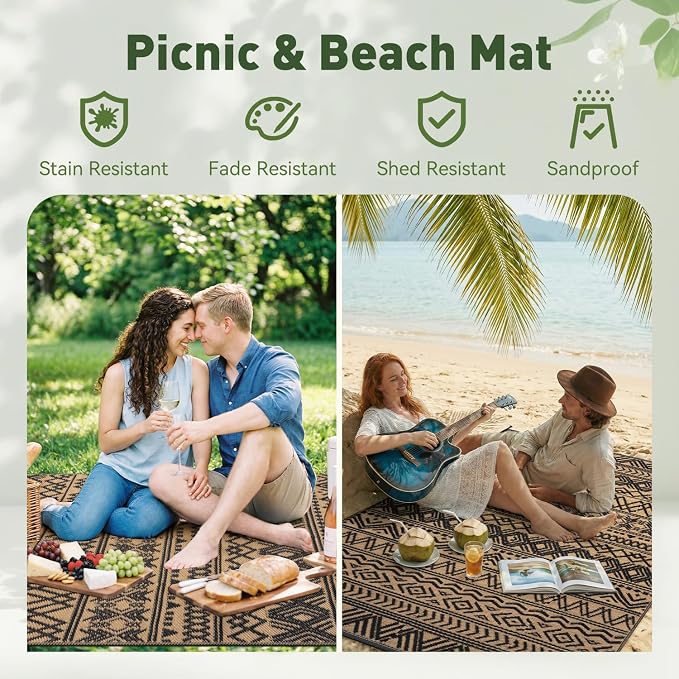 MontVoo-Outdoor Rug Carpet Waterproof 5x8 ft Reversible Patio Rug RV Camping Rugs Plastic Straw Outside Indoor Outdoor Area Rugs for Patio Deck Balcony Picnic Beach Outdoor Decor Boho Black Brown