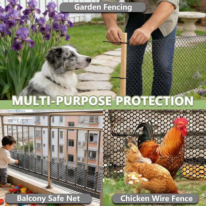 15.7" x 50' Plastic Mesh Fence Roll - Heavy Duty Chicken Wire Mesh Fence - Upgraded Thick Animal Barrier for Garden, Balcony Railing Safety Net, Poultry Netting with 20 Zip Ties, Black