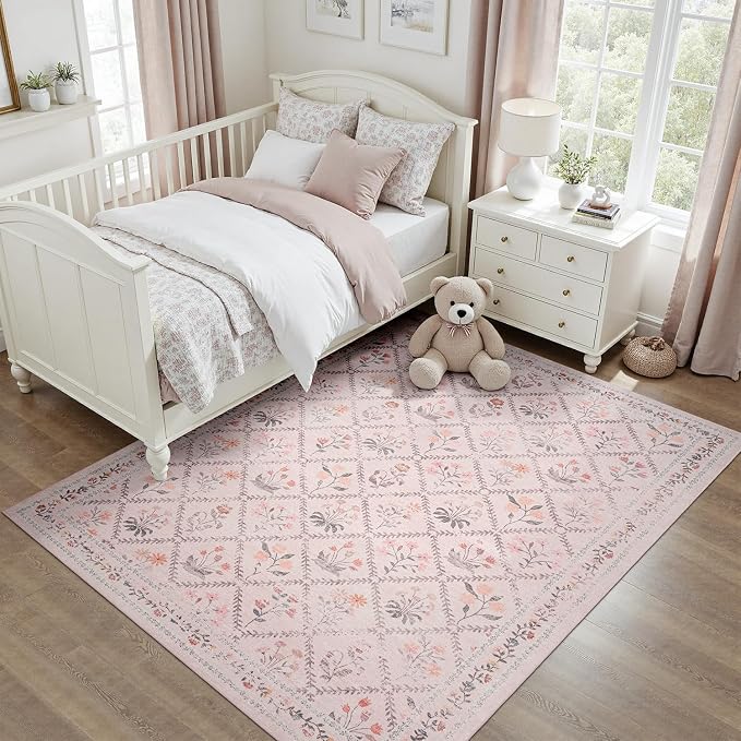 DCX Washable 4x6 Pink Floral Rug for Girls Bedroom, Soft Cottagecore Rug for Baby Girl Nursery, Non Slip Low Pile, Kid & Pet Friendly Vintage Botanical Carpet