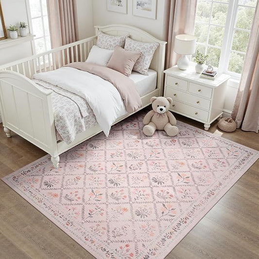 DCX Washable 4x6 Pink Floral Rug for Girls Bedroom, Soft Cottagecore Rug for Baby Girl Nursery, Non Slip Low Pile, Kid & Pet Friendly Vintage Botanical Carpet