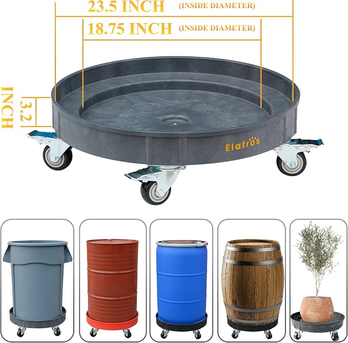 ELAFROS 30 Gallon and 55 Gallon Heavy Duty Plastic Drum Dolly – Durable Plastic Drum Cart 900 lb. Capacity- Barrel Dolly with Swivel Casters Wheel, Grey, with Brake