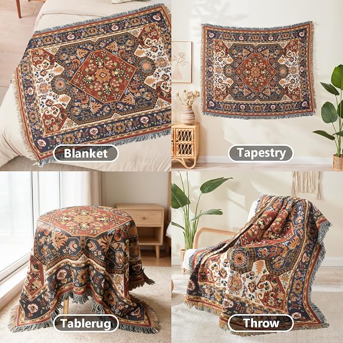 Boho Throw Blanket Reversible Cotton Bohemian Tapestry Hippie Room Decor Outdoor Blanket Double Sided (Boho Patten 50"x60")