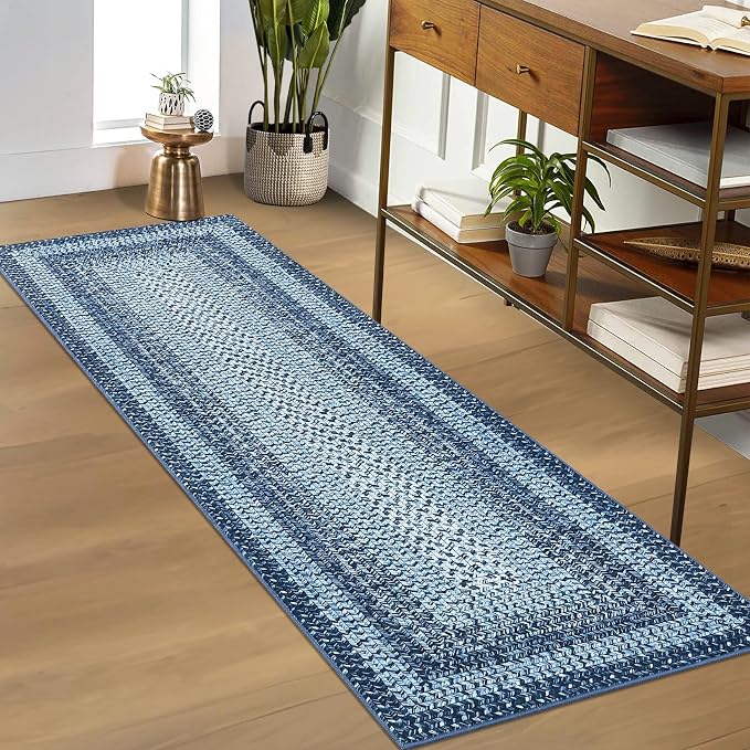 RUGSREAL Braided Print Runner Rug 2x8 Machine Washable Hallway Runner Rugs | Entryway Long Throw Carpet Non Slip Kitchen Mat Living Room Rustic Carpet for Bedroom Dining Room, Blue