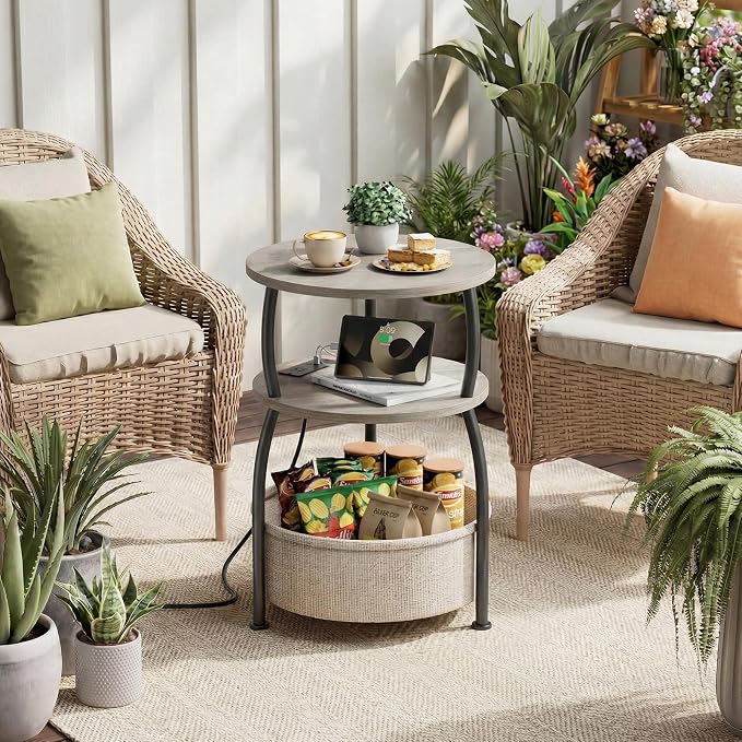 Round Side Table with Charging Station, USB Type C Port, Greige | End Table with Power Outlet and Basket, Space Saving, 3-Tier Nightstand, Corner Stand, for Living Room, Bedroom, Patio