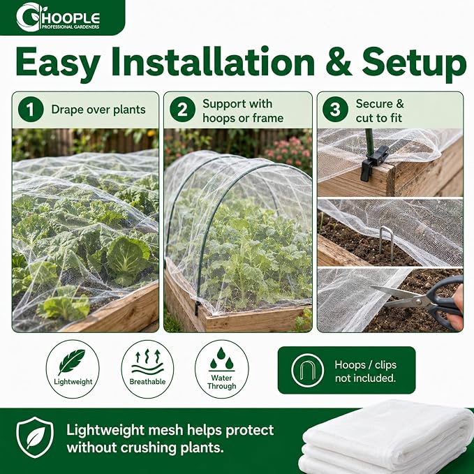 HOOPLE Garden Netting 10 FT x 33 FT, Ultra-Fine Mesh Plant Cover, Bug Netting for Garden, Insect Pest Barrier Row Cover for Vegetables, Fruits & Flowers, Lightweight Breathable Garden Mesh Netting