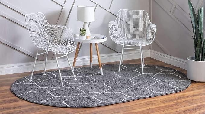 Unique Loom Trellis Frieze Collection Area Rug - Geometric (5' x 8' Oval, Dark Gray/ Ivory)