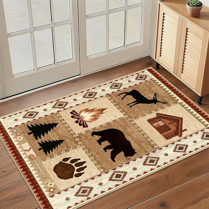 Cabin Bear Rustic Rug 2x3 for Entryway Lodge Deer Wildlife Country Area Rug Farmhouse Animal Western Door Mat Machine Washable Non-Slip Printed Low-Pile Carpet for Kitchen Bathroom Laundry Room