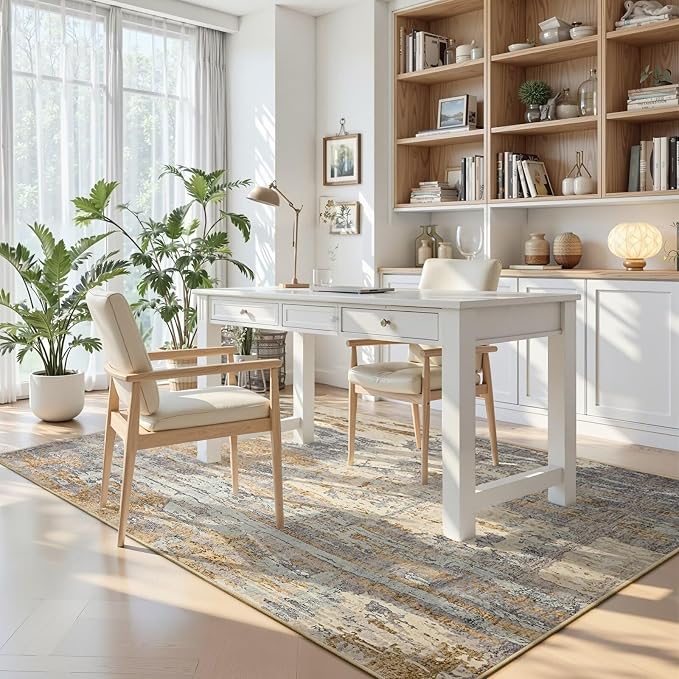 Toneed 4x6 Washable Non Slip Abstract Area Rugs for Bedroom Living Room | Soft Modern Low Pile Rug for Kitchen Hallway Office,Indoor Carpet for Kids Nursery Home Decor, Camel
