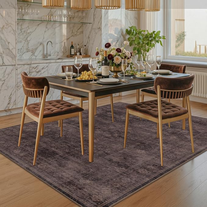 Boho 5x8 Dark Taupe Brown Area Rug for Living Room, Bedroom & Dining Room, Neutral Vintage Distressed Geometric Carpet, Machine Washable, Non Slip Rubber Backing, Stain Resistant, Ultra Soft