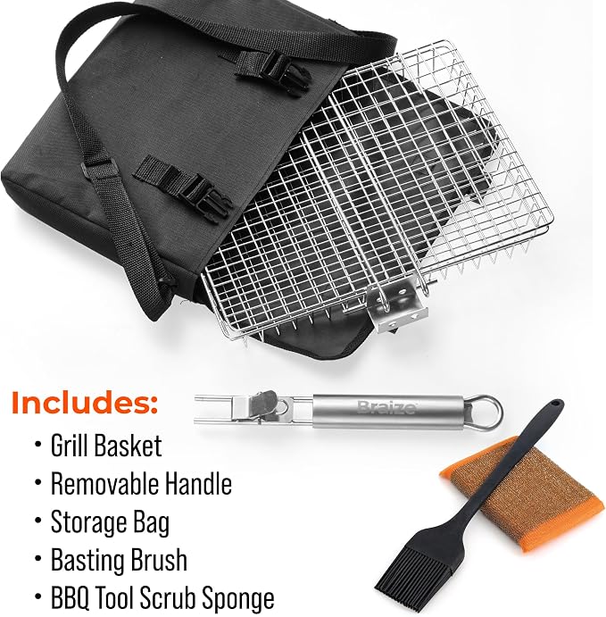 Stainless Steel Large Grill Basket with Easy Open/Close Lid and Removable Handle - 12.25 x 9.5 x 1.5 Inches - Includes Carry/Storage Bag