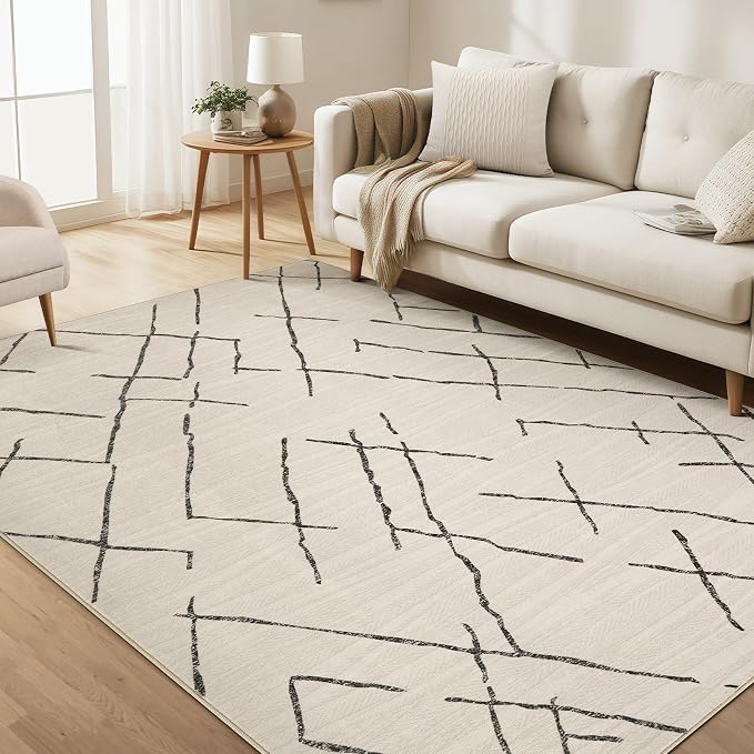 kakania Washable 5x7 Area Rug for Living Room: Boho Geometry Home Decor | Soft Stain Resistant, Low-Pile, Non-Slip, Pet & Kid Friendly, Thin Rug for Bedroom/Dining Room/Kids Dorm - Beige