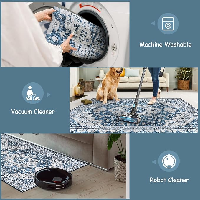 Moynesa Ultra-Thin Washable Area Rug - 5x7 Blue Rugs for Living Room Washable Rugs for Bedroom Soft Dining Room Mat, Vintage Printed Low Pile Indoor Carpet for Office Sunroom Playroom