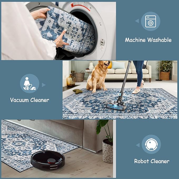 Moynesa Ultra-Thin Washable Area Rug - 3x5 Blue Kitchen Rugs Washable Rugs for Entryway Non Slip Front Door Mat, Non Shedding Low Pile Lightweight Indoor Carpet for Dorm Basement Foyer Living Room