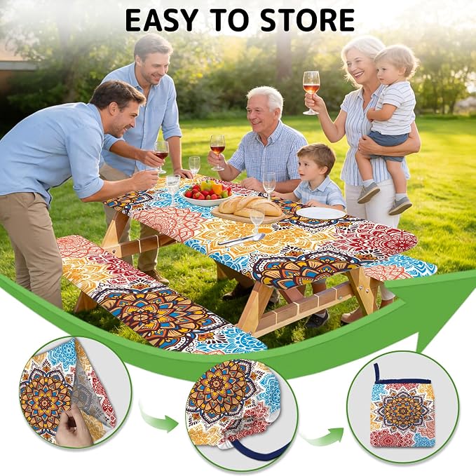 Picnic Table Cover with Bench Covers Elastic Edges, 3 Pcs Mandala Fitted Table Cover with Drawstring Bag, Waterproof Windproof Aesthetic Camping Tablecloth, Outdoor Camping Essentials 72 Inch
