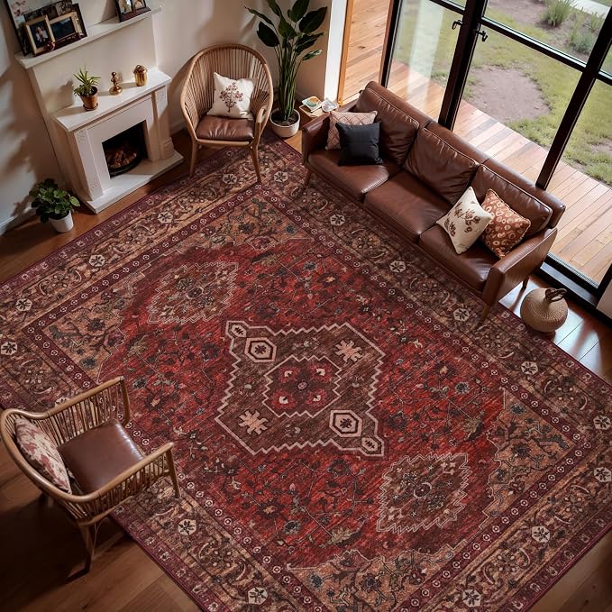 Tangsoo Red 8x10 Washable Area Rugs for Living Room, Non Slip Large Rug | Oriental Indoor Print Carpet, Boho Soft Low Pile Vintage Foldable Floor Rug for Bedroom Dining Room Dorm Dark Red Home Decor