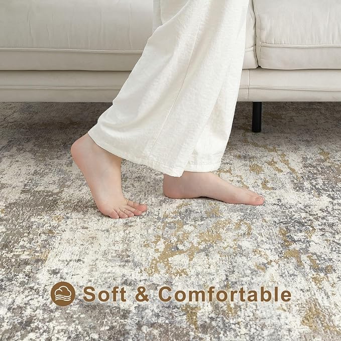 kakania Washable 9x12 Area Rug for Living Room: Abstract Modern Home Decor | Soft Stain Resistant, Low-Pile, Non-Slip, Pet & Kid Friendly, Thin Rug for Bedroom/Dining Room/Kids Dorm - Brown Gold