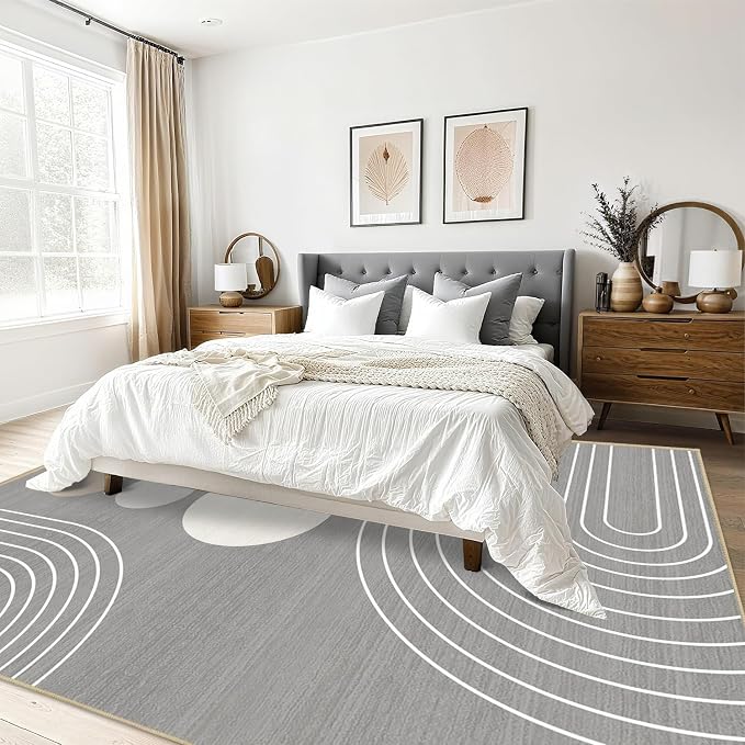 Area Rug 5x7 Boho Modern Minimalist Geometric Abstract Rug Grey Mid Century Modern Rug for Living Room Machine Washable Non-Slip Printed Low Pile Indoor Carpet for Bedroom Dining Room Office Gray