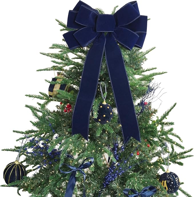 13" Navy Blue Velvet Christmas Tree Topper Bow, Premade for Wreaths, Gift Bows, Home Decor