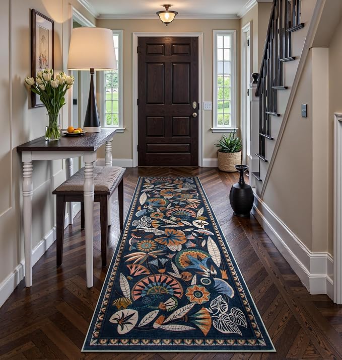 Zealude Egypt Floral Kitchen Runner Rugs Non Skid Washable,2x8 Boho Vintage Hallway Bathroom Runner Rug Non Slip,Soft Long Carpet for Laundry Room Entryway Bedroom (Dark Blue,2 x 8)