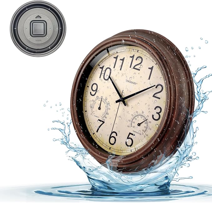 VIKMARI Indoor Outdoor Sealed Glass Clock Waterproof Silent Classic Quartz Clocks Thermometer and Hygrometer Combo Battery Operated Wall Clocks for Bathroom Patio Pool Wall Decor (12 Inch,Brown)
