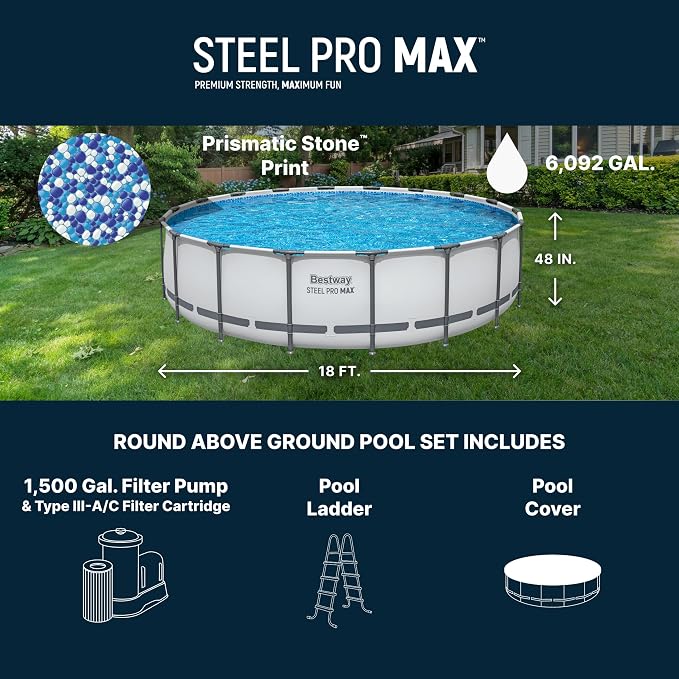 Bestway Steel Pro MAX 18' x 48" Above Ground Swimming Pool Set with Pump | Durable Round Metal Frame Outdoor Backyard Pool, Puncture-Resistant Liner - Ladder and Cover Included, Gray