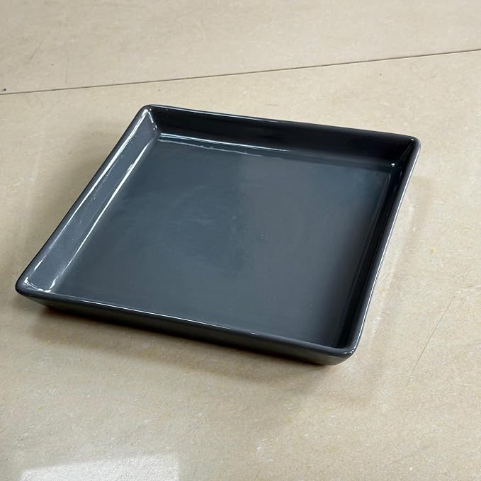 Square Ceramic Plant Saucer Tray 2 Pcs 8 9 10 Inch Grey, 9.3" OD x8.3 ID x1.3 Deep, Sturdy Heavy Duty Glazed Planter Drip Flower pots with Catch Basin for Indoor Outdoor Plants(10" Grey)