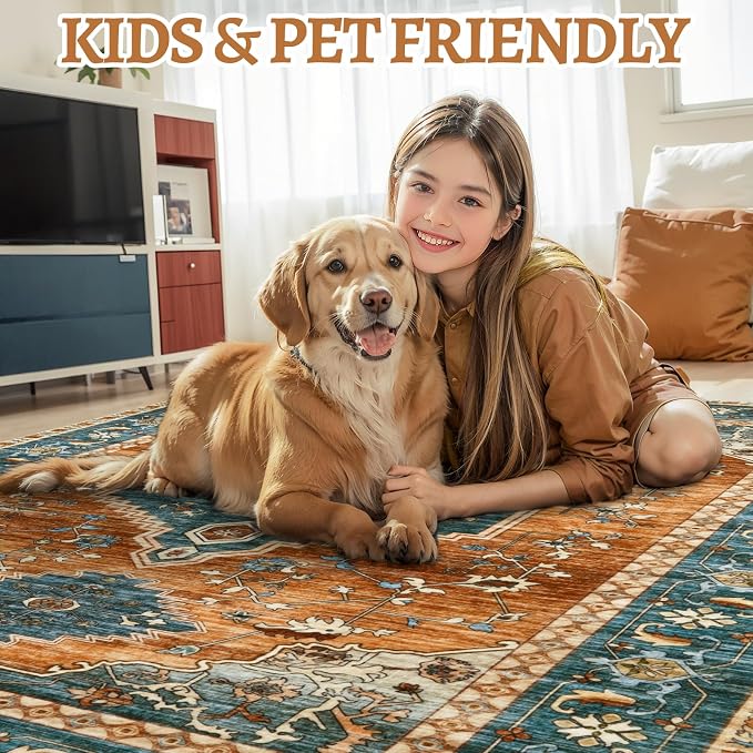 Tangsoo Vintage 2x6 Washable Runner Rugs for Hallways, Non Slip Rug Runner | Oriental Soft Low Pile Long Rug, Boho Carpet Runners for Kitchen Bedroom Entryway Bathroom Living Room Home Decor Orange/Blue