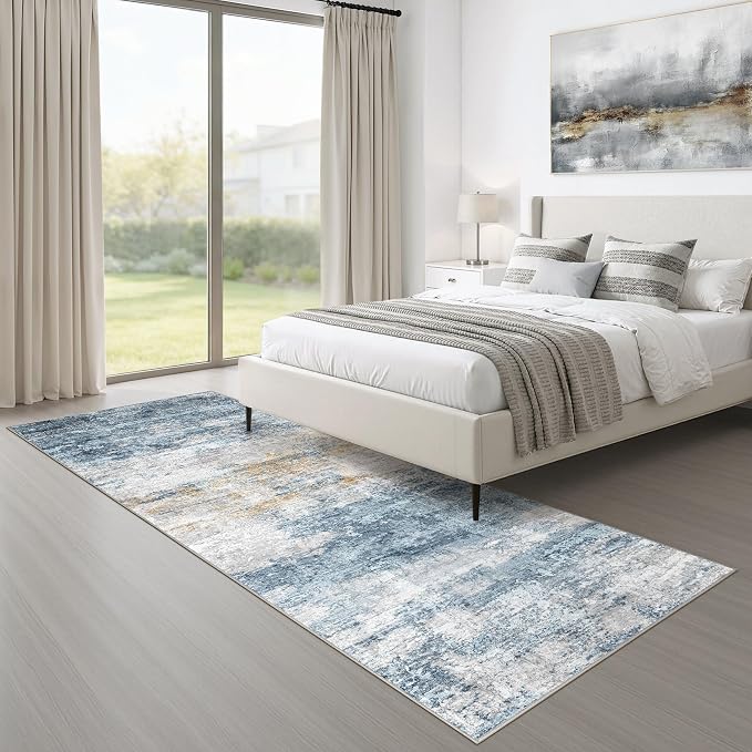 LOONGRUG Runner Rug 2x6 Machine Washable Non-Slip Kitchen Rug Blue Gold | Neutral Abstract Modern Soft Stain Resistant Indoor Accent Throw Carpet for Hallway Bathroom Laundry Room Bedroom Entryway
