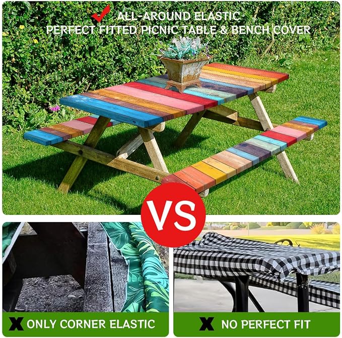 Wood Vintage Picnic Table Cover with Bench Covers and Carrying Bag, Retro Abstract Wood Texture Rectangle Table Cover Outdoor Patio Camping Essentials 72 inch 4PCS Camping Fitted Tablecloth