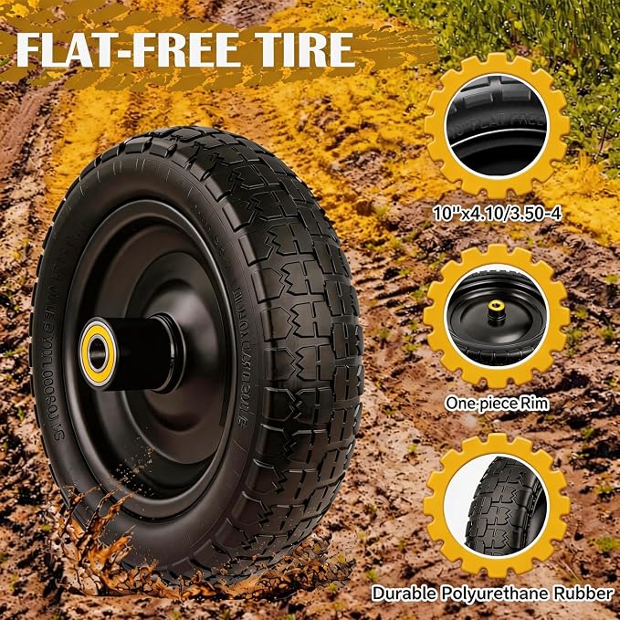 10" G orilla Cart Tires Flat Free, 300LB Capacity, with 5/8" Axle Bore Hole, 2.2" Offset Hub, Solid Rubber Tire for GOR Garden Cart, Trolleys, Hand Trucks, Yard Trailers, 4 Pack