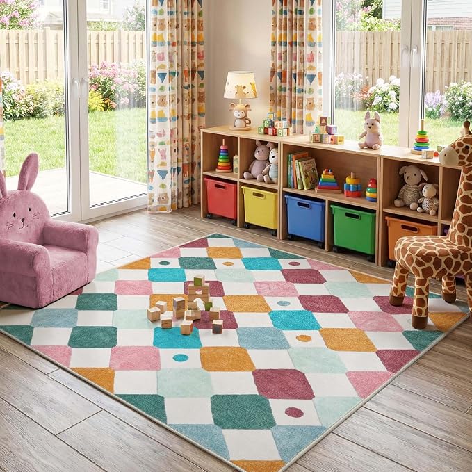 jinchan 5x5 Nursery Rug Kids Room Square Rug Washable Colorful Playroom Rug | Soft, Non-Slip, Confetti, Cute, Kid-Friendly, Modern Checkered Diamond Design, Play Mat, Bedroom, Daycare, Cream Background