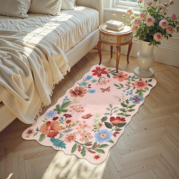 Lahome Floral Pink Rugs for Entryway, 2X3 Washable Kitchen Rug Non Slip | Ultra-Thin Indoor Door Mat Stain Resistant Boho Small Carpet for Bathroom Bedroom Flore (2x3ft, Light Pink)
