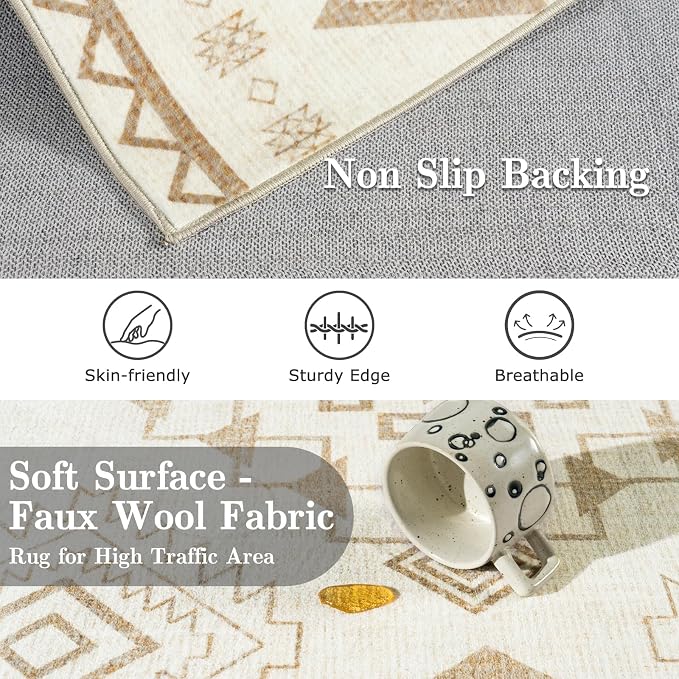 5x7 Western Rustic Aztec Area Rug for Living Room Bedroom Dining Room | 5x7 Southwestern Tribal Warm Beige Low Pile Faux Wool Rug, Machine Washable Non-Slip Carpet for Living Room Dining Bedroom