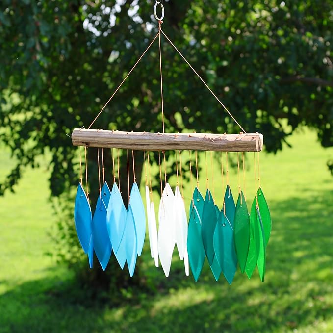 Blue Handworks Gradient Ocean Shades Glass Leaves Wind Chime | Sandblasted Glass and Found Wood Handcrafted Wind Chime