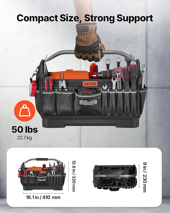 VEVOR Tool Bag, 16.1 Inch, 33-Pocket Open Top Tool Tote, Portable Electrical Maintenance Toolbox Organizer Storage with Hard Plastic Base, Adjustable Shoulder Strap, for Professionals DIY & Jobsite